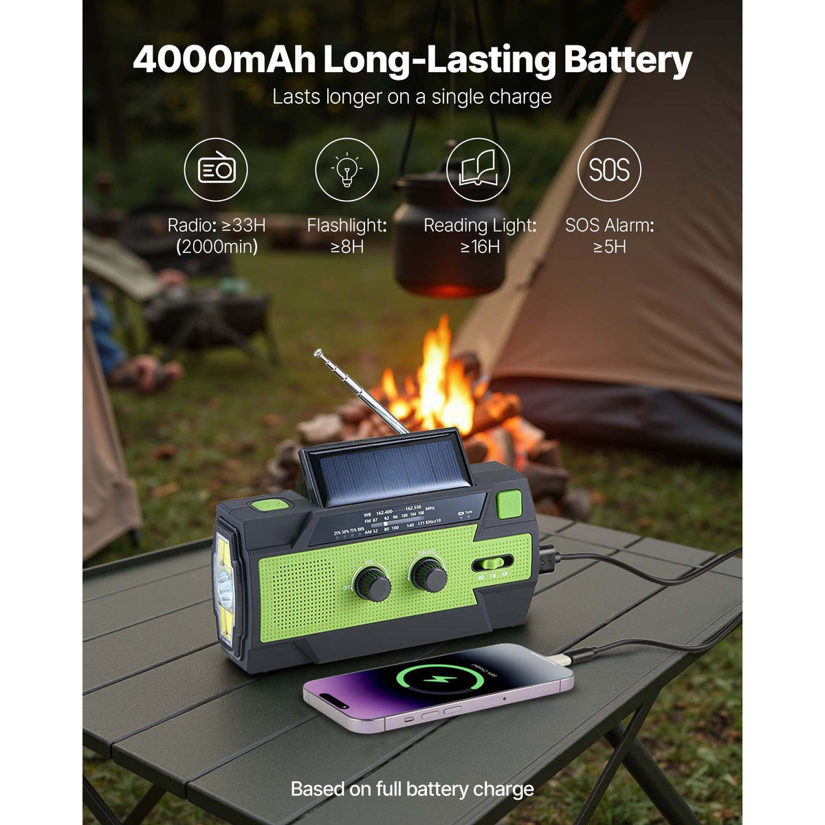 Emergency Weather Radio, 4000mAh Battery, FM/AM/WB/NOAA Alert Solar Hand Crank Emergency Radio, with USB Charging Cable, SOS Alarm and Flashlight, Portable for Outdoor Emergencies, Camping