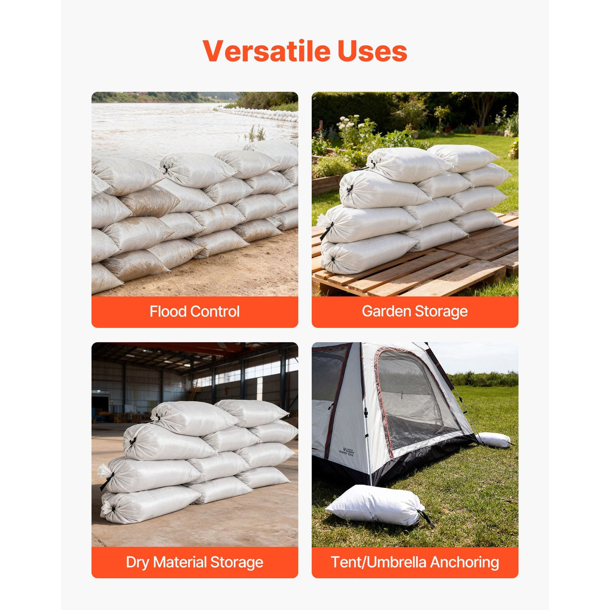Empty Sandbags, 100 Packs 16 x 26 in, Heavy Duty Sand Bags Sacks with Ties, 50lb Capacity Woven Polypropylene Sandbags, Tear-Resistant & UV-Resistant Sand Bags for Flood Protection Barrier