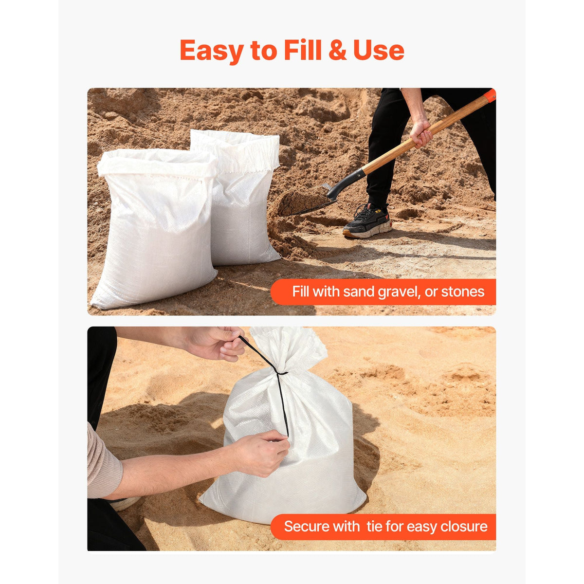 Empty Sandbags, 100 Packs 16 x 26 in, Heavy Duty Sand Bags Sacks with Ties, 50lb Capacity Woven Polypropylene Sandbags, Tear-Resistant & UV-Resistant Sand Bags for Flood Protection Barrier
