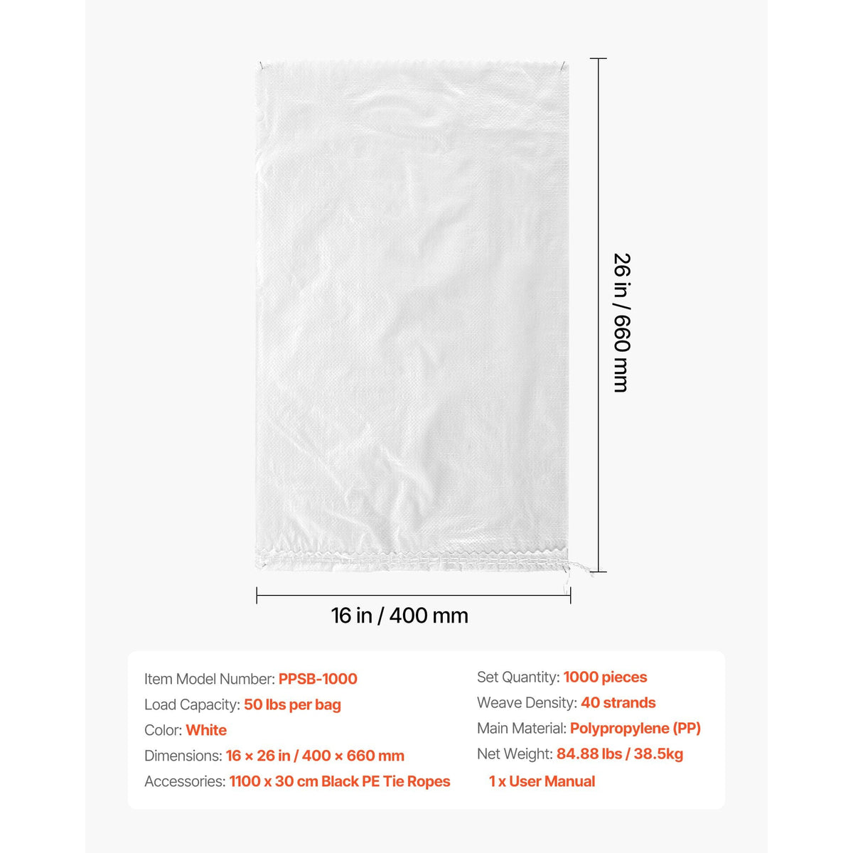 Empty Sandbags, 1000 Packs 16 x 26 in, Heavy Duty Sand Bags Sacks with Ties, 50lb Capacity Woven Polypropylene Sandbags, Tear-Resistant & UV-Resistant Sand Bags for Flood Protection Barrier