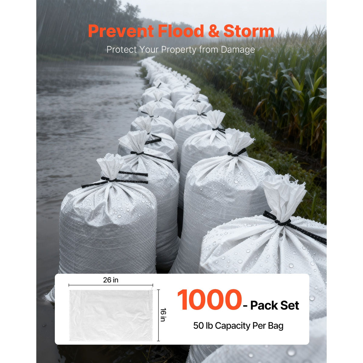 Empty Sandbags, 1000 Packs 16 x 26 in, Heavy Duty Sand Bags Sacks with Ties, 50lb Capacity Woven Polypropylene Sandbags, Tear-Resistant & UV-Resistant Sand Bags for Flood Protection Barrier