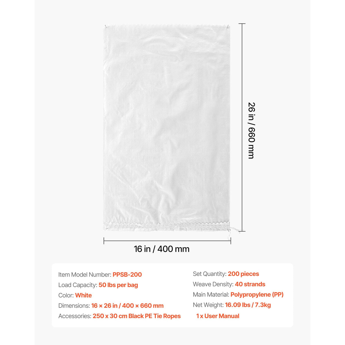 Empty Sandbags, 200 Packs 16 x 26 in, Heavy Duty Sand Bags Sacks with Ties, 50lb Capacity Woven Polypropylene Sandbags, Tear-Resistant & UV-Resistant Sand Bags for Flood Protection Barrier