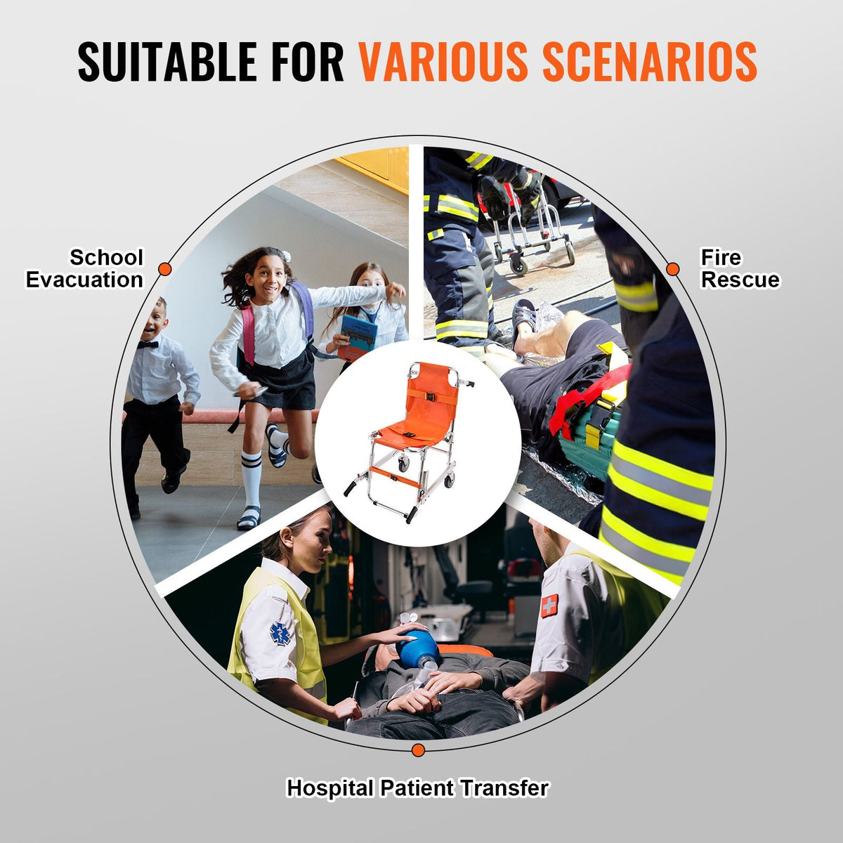 EMS Stair Chair, 350 lbs Load Capacity, Foldable Aluminum Emergency Stair Climbing Wheelchair with 2 Wheels, Portable Stair Lift Chair Ambulance Firefighter Evacuation Use for Elderly, Disabled