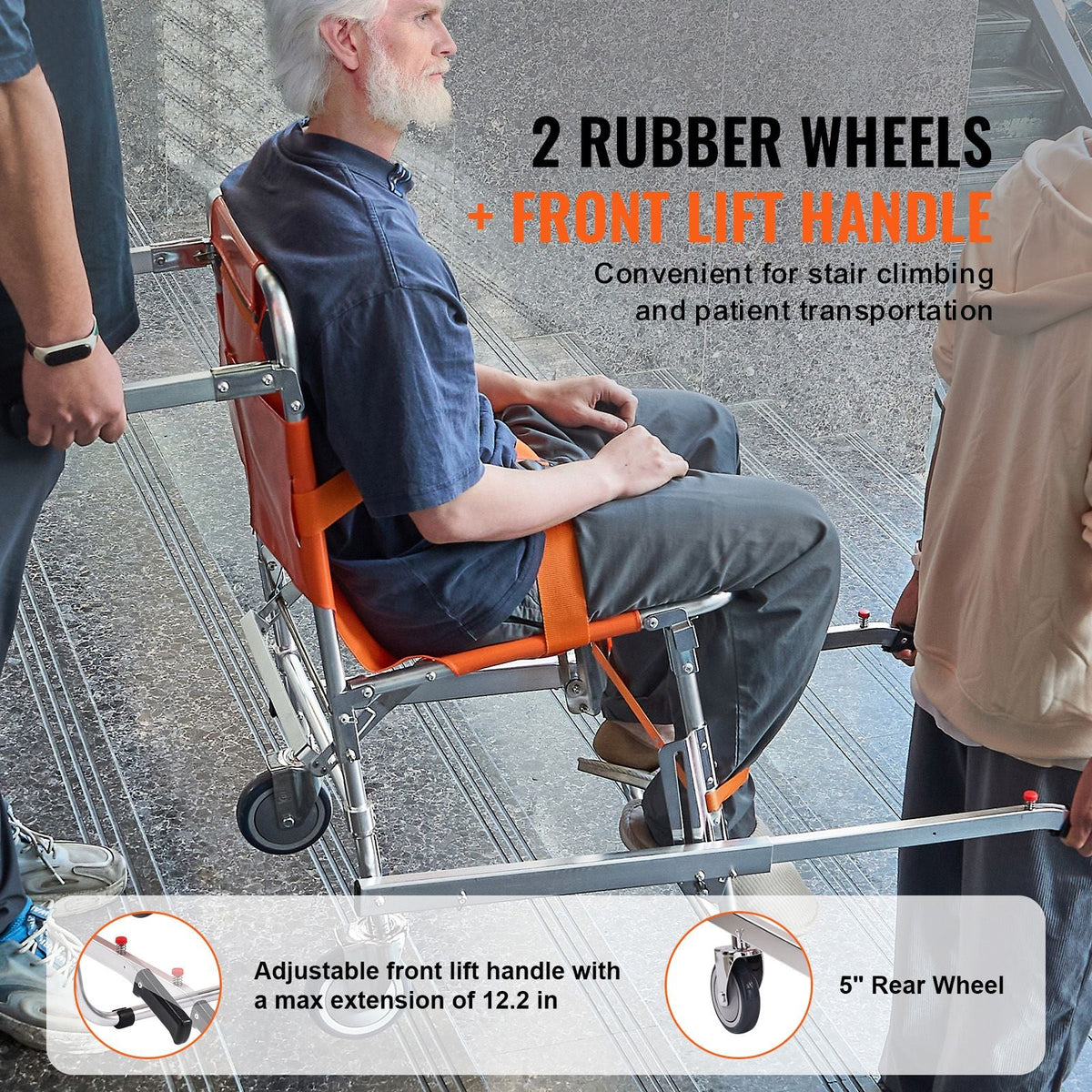 EMS Stair Chair, 350 lbs Load Capacity, Foldable Aluminum Emergency Stair Climbing Wheelchair with 2 Wheels, Portable Stair Lift Chair Ambulance Firefighter Evacuation Use for Elderly, Disabled
