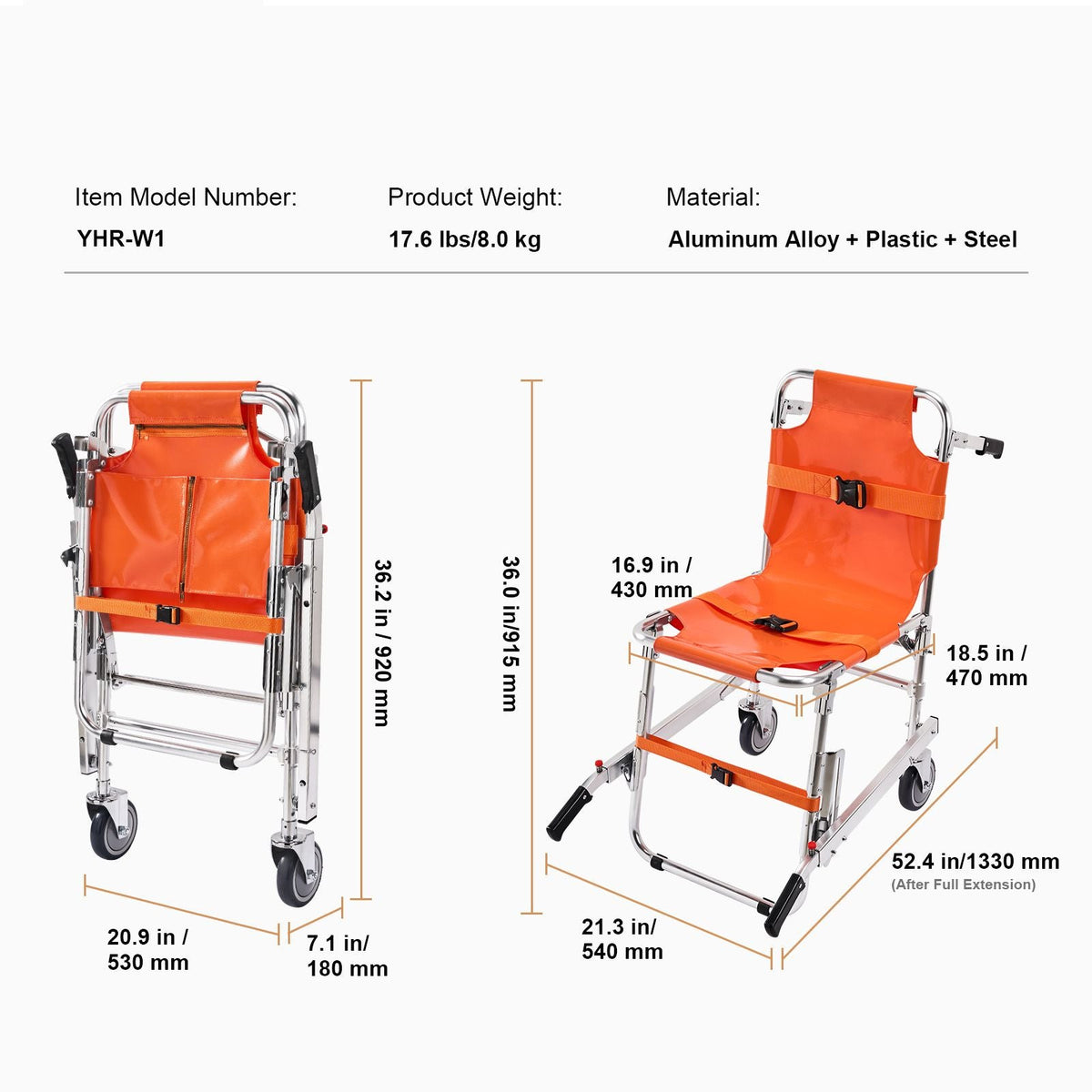 EMS Stair Chair, 350 lbs Load Capacity, Foldable Aluminum Emergency Stair Climbing Wheelchair with 2 Wheels, Portable Stair Lift Chair Ambulance Firefighter Evacuation Use for Elderly, Disabled