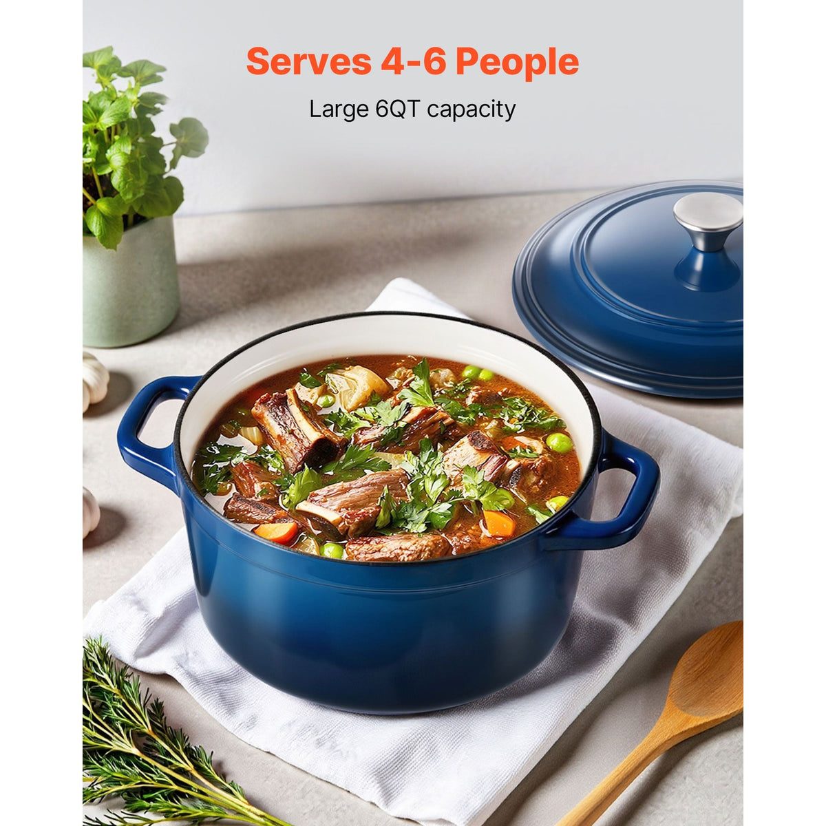 Enameled Cast Iron Dutch Oven, 6 Quart Pot with Lid and Dual Handles, Heavy-Duty Durable Cookware Pan, Oven Induction Compatible up to 500 F, for Braising, Stews, Roasting, Bread Baking, Blue