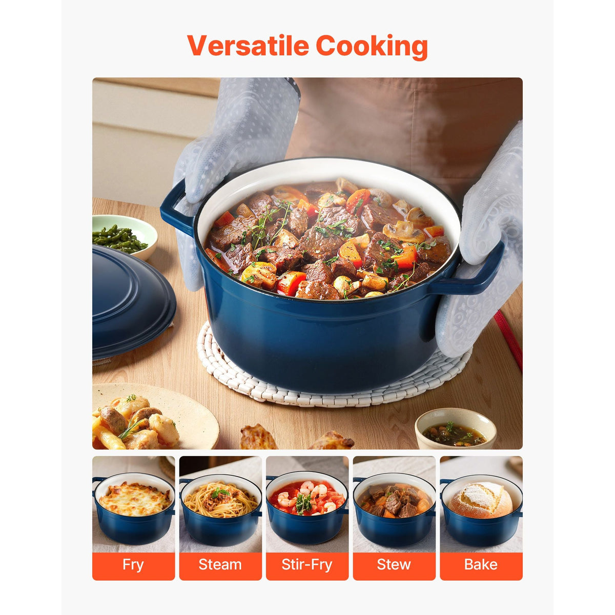 Enameled Cast Iron Dutch Oven, 6 Quart Pot with Lid and Dual Handles, Heavy-Duty Durable Cookware Pan, Oven Induction Compatible up to 500 F, for Braising, Stews, Roasting, Bread Baking, Blue
