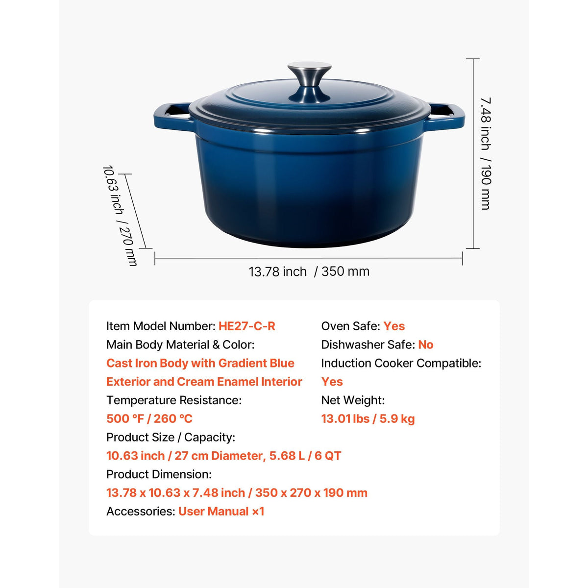 Enameled Cast Iron Dutch Oven, 6 Quart Pot with Lid and Dual Handles, Heavy-Duty Durable Cookware Pan, Oven Induction Compatible up to 500 F, for Braising, Stews, Roasting, Bread Baking, Blue
