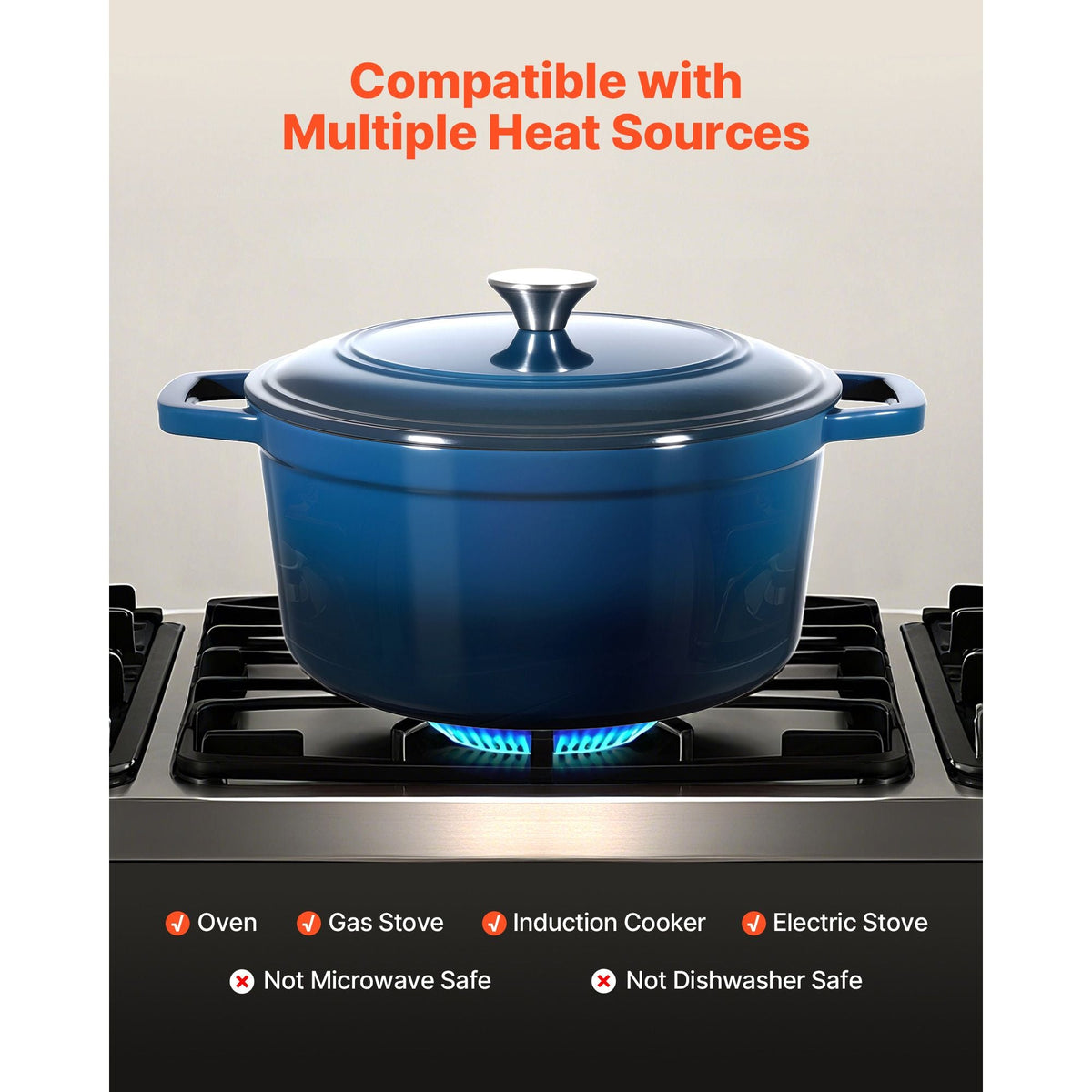 Enameled Cast Iron Dutch Oven, 6 Quart Pot with Lid and Dual Handles, Heavy-Duty Durable Cookware Pan, Oven Induction Compatible up to 500 F, for Braising, Stews, Roasting, Bread Baking, Blue