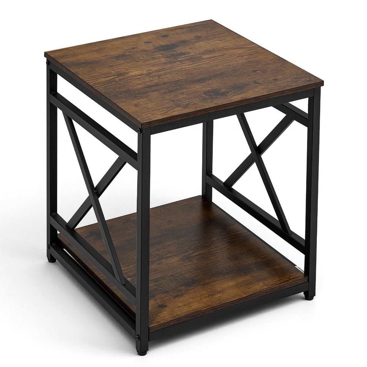 End Table, 2-Tier Square Side Table with Open Storage Shelves, Modern Nightstand Bedside Desk with X-Design Metal Frame, Wood Sofa Coffee Desk for Living Room, Bedroom, Office, Dorm, Brown
