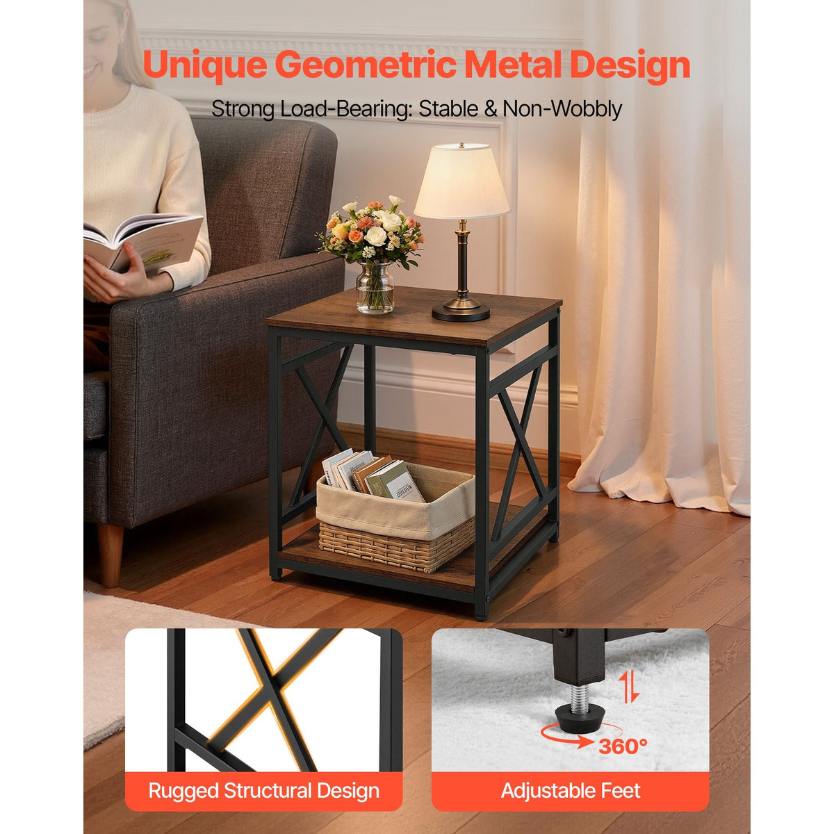 End Table, 2-Tier Square Side Table with Open Storage Shelves, Modern Nightstand Bedside Desk with X-Design Metal Frame, Wood Sofa Coffee Desk for Living Room, Bedroom, Office, Dorm, Brown