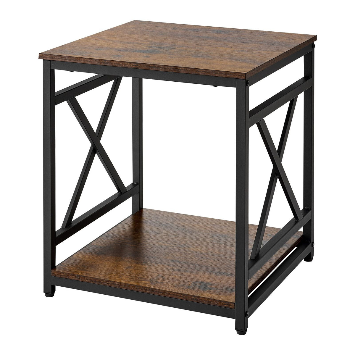 End Table, 2-Tier Square Side Table with Open Storage Shelves, Modern Nightstand Bedside Desk with X-Design Metal Frame, Wood Sofa Coffee Desk for Living Room, Bedroom, Office, Dorm, Brown