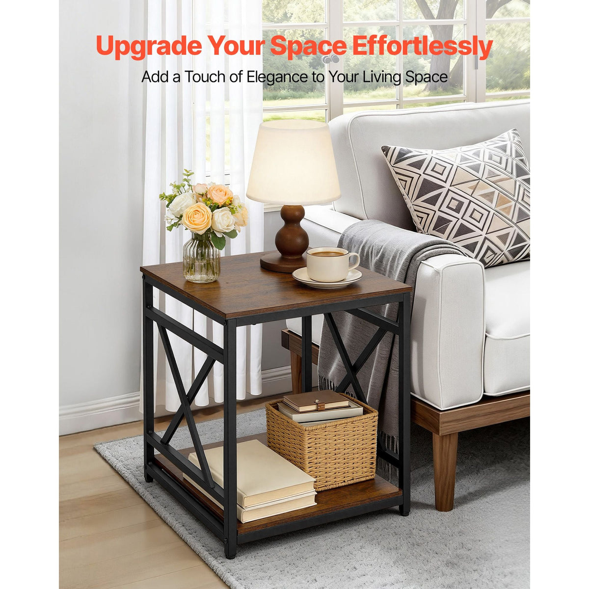End Table, 2-Tier Square Side Table with Open Storage Shelves, Modern Nightstand Bedside Desk with X-Design Metal Frame, Wood Sofa Coffee Desk for Living Room, Bedroom, Office, Dorm, Brown