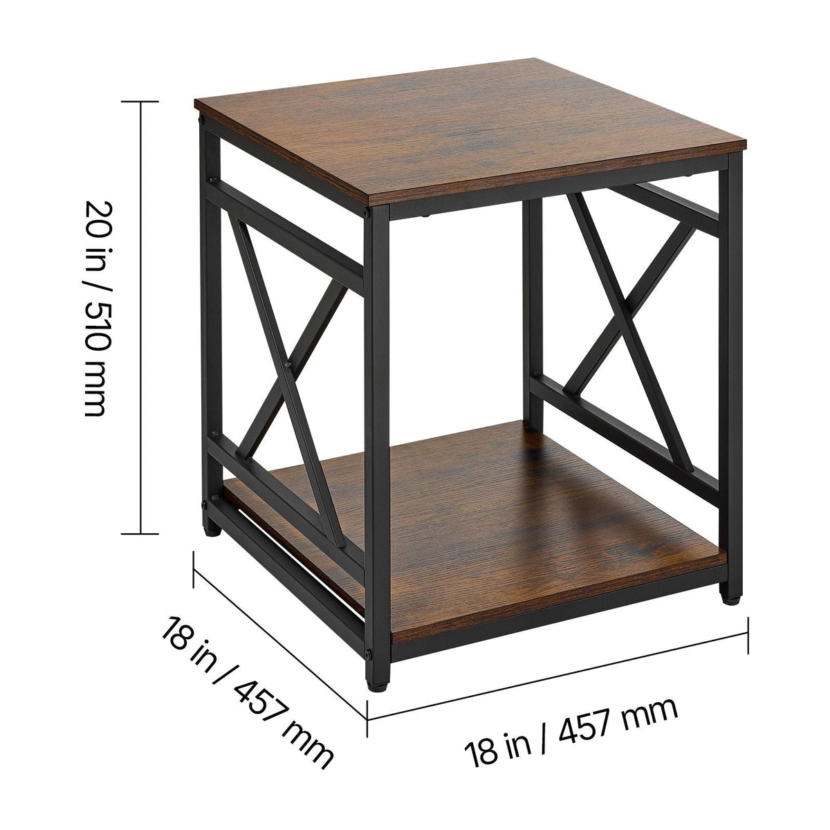 End Table, 2-Tier Square Side Table with Open Storage Shelves, Modern Nightstand Bedside Desk with X-Design Metal Frame, Wood Sofa Coffee Desk for Living Room, Bedroom, Office, Dorm, Brown