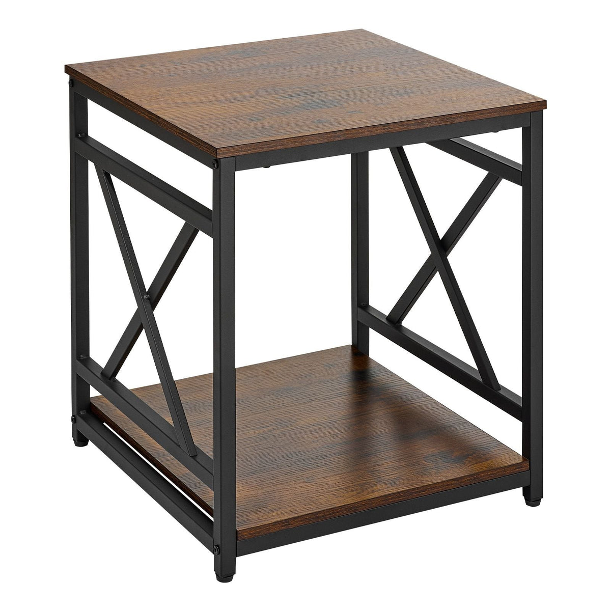 End Table, 2-Tier Square Side Table with Open Storage Shelves, Modern Nightstand Bedside Desk with X-Design Metal Frame, Wood Sofa Coffee Desk for Living Room, Bedroom, Office, Dorm, Brown