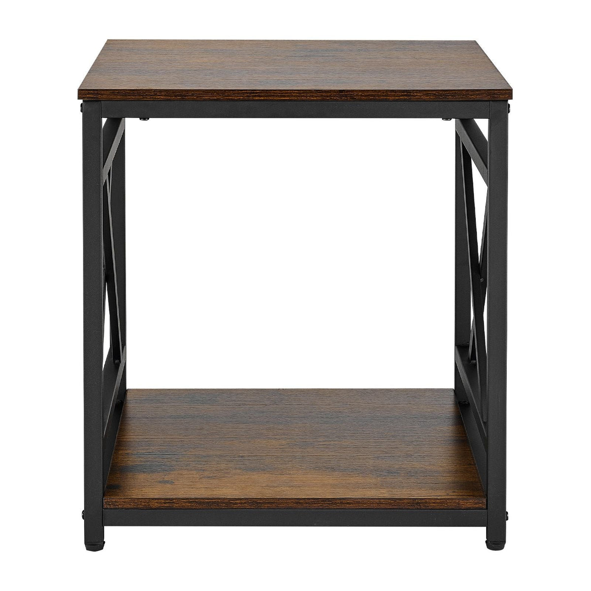 End Table, 2-Tier Square Side Table with Open Storage Shelves, Modern Nightstand Bedside Desk with X-Design Metal Frame, Wood Sofa Coffee Desk for Living Room, Bedroom, Office, Dorm, Brown