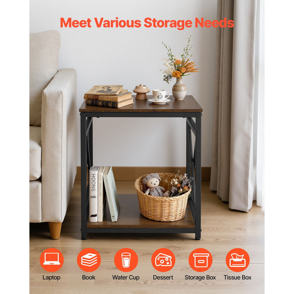 End Table, 2-Tier Square Side Table with Open Storage Shelves, Modern Nightstand Bedside Desk with X-Design Metal Frame, Wood Sofa Coffee Desk for Living Room, Bedroom, Office, Dorm, Brown