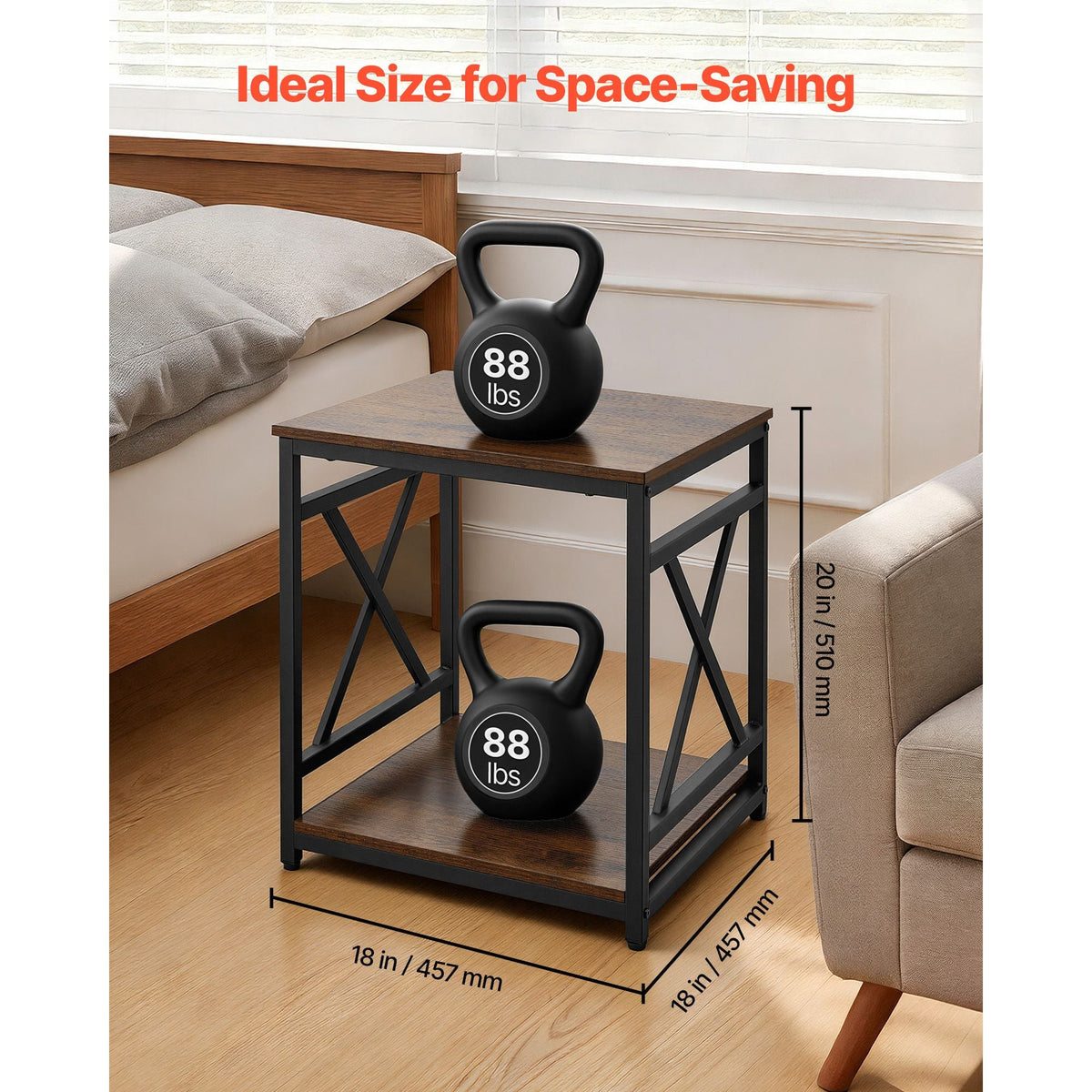 End Table, 2-Tier Square Side Table with Open Storage Shelves, Modern Nightstand Bedside Desk with X-Design Metal Frame, Wood Sofa Coffee Desk for Living Room, Bedroom, Office, Dorm, Brown