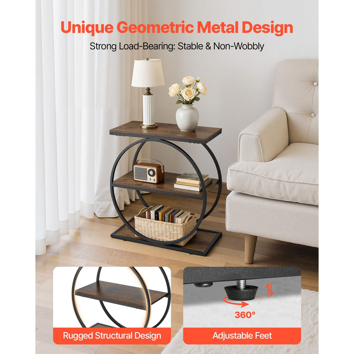End Table, 3-Tier Narrow Side Table with Open Storage Shelves, Modern Nightstand Bedside Desk with Round Metal Frame, Wood Sofa Coffee Desk for Living Room, Bedroom, Office, Rustic Brown