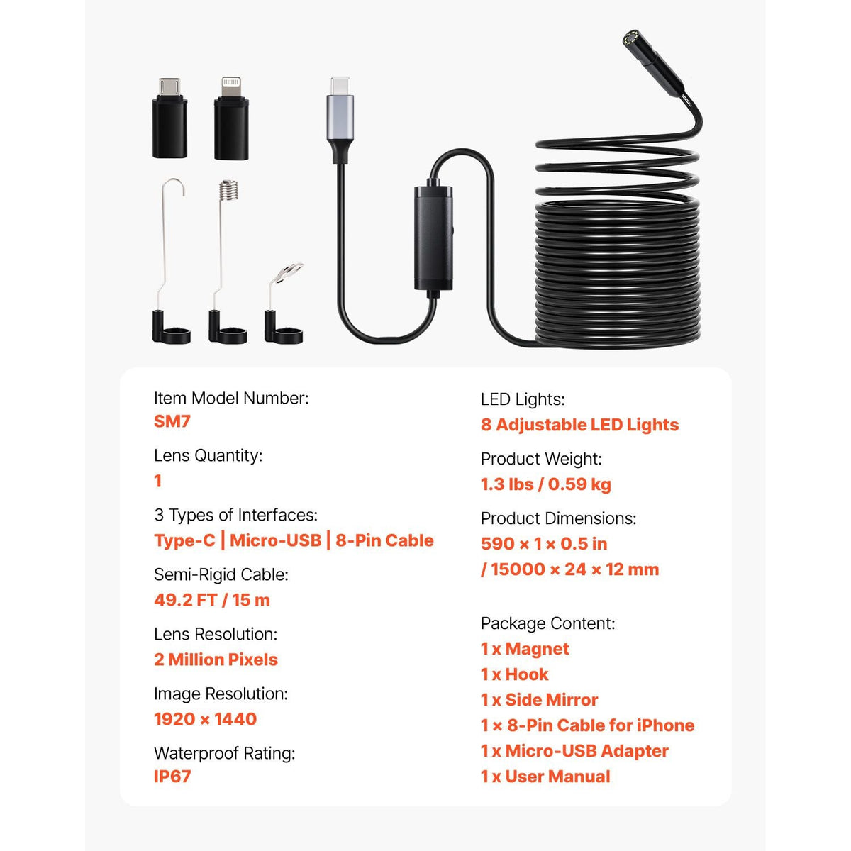 Endoscope Camera with 49.2FT Semi-Rigid Cable, 1920P HD Borescope for Android & IOS, Industrial Inspection Camera with Light - 8 LED, 2X Zoom, IP67 Waterproof Snake Camera for Auto, Plumbing