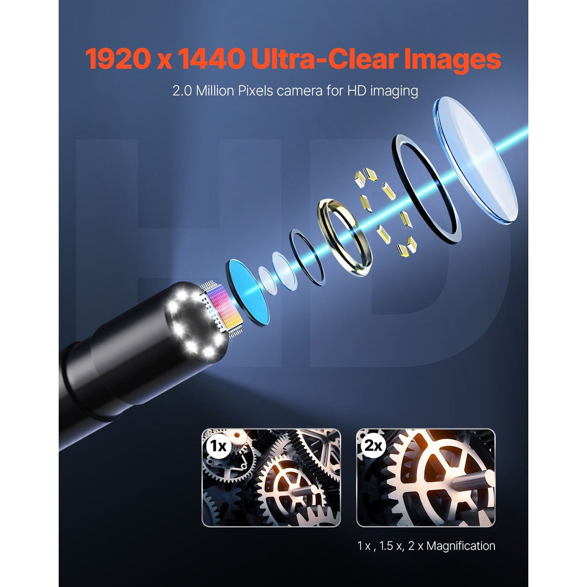 Endoscope Camera with 49.2FT Semi-Rigid Cable, 1920P HD Borescope for Android & IOS, Industrial Inspection Camera with Light - 8 LED, 2X Zoom, IP67 Waterproof Snake Camera for Auto, Plumbing