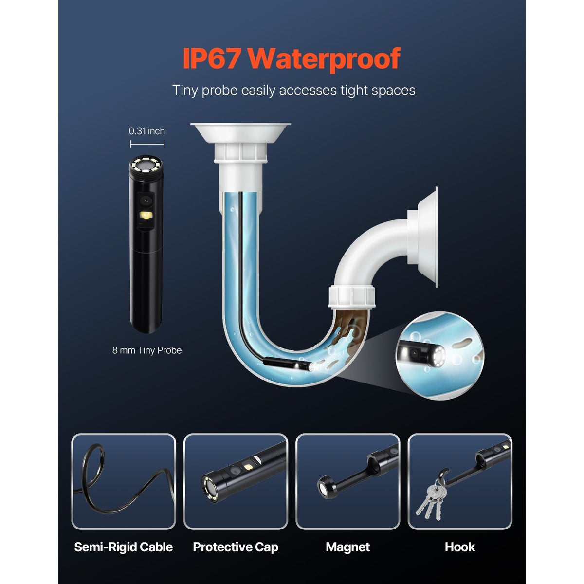 Endoscope Camera with Light, Dual Lens Borescope for Android & IOS, 1920P HD Inspection Camera with 8 + 1 LED Lights, 2X Zoom, 10FT Snake Cable, IP67 Waterproof Snake Camera for Auto, Plumbing