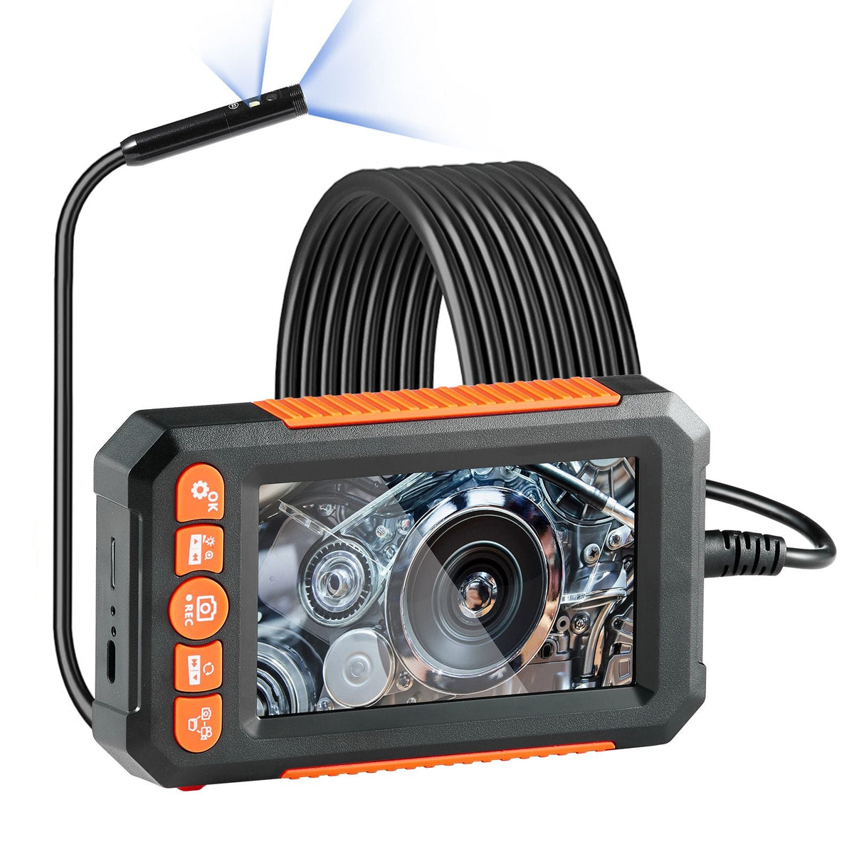 Endoscope Camera with Light, Dual Lens Industrial Borescope, 4.3" Screen 1080P Inspection Camera, 8 + 1 Lights, 4X Zoom, IP67 Waterproof Snake Camera for Auto, Plumbing (16.4FT Cable, 32GB Card)