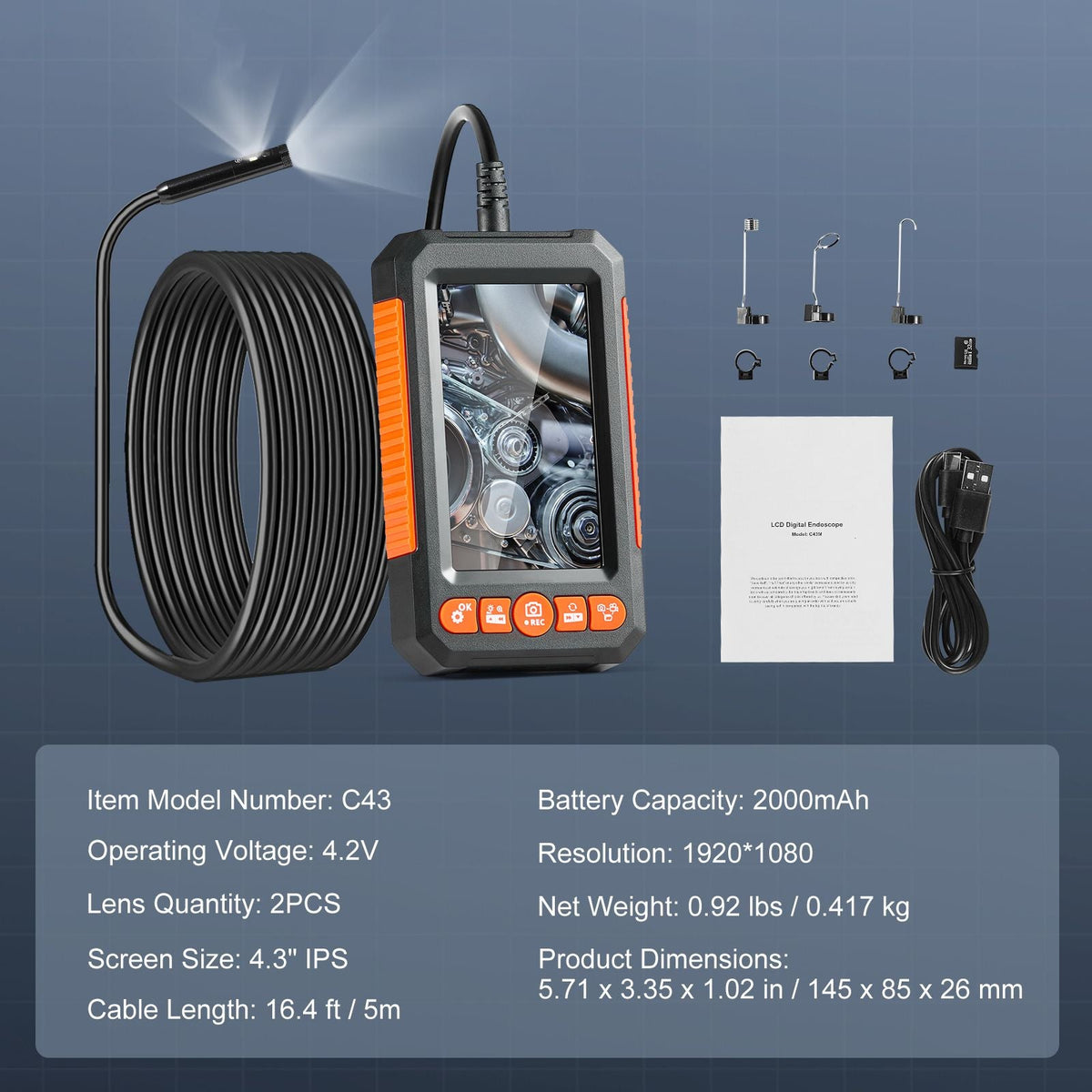 Endoscope Camera with Light, Dual Lens Industrial Borescope, 4.3" Screen 1080P Inspection Camera, 8 + 1 Lights, 4X Zoom, IP67 Waterproof Snake Camera for Auto, Plumbing (16.4FT Cable, 32GB Card)