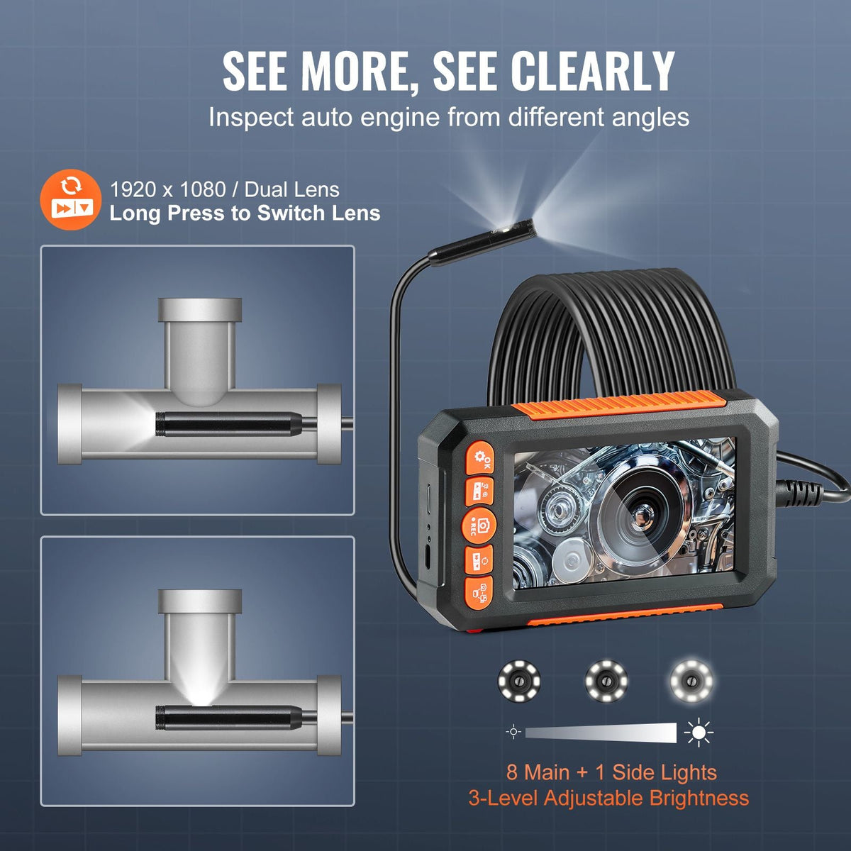 Endoscope Camera with Light, Dual Lens Industrial Borescope, 4.3" Screen 1080P Inspection Camera, 8 + 1 Lights, 4X Zoom, IP67 Waterproof Snake Camera for Auto, Plumbing (16.4FT Cable, 32GB Card)