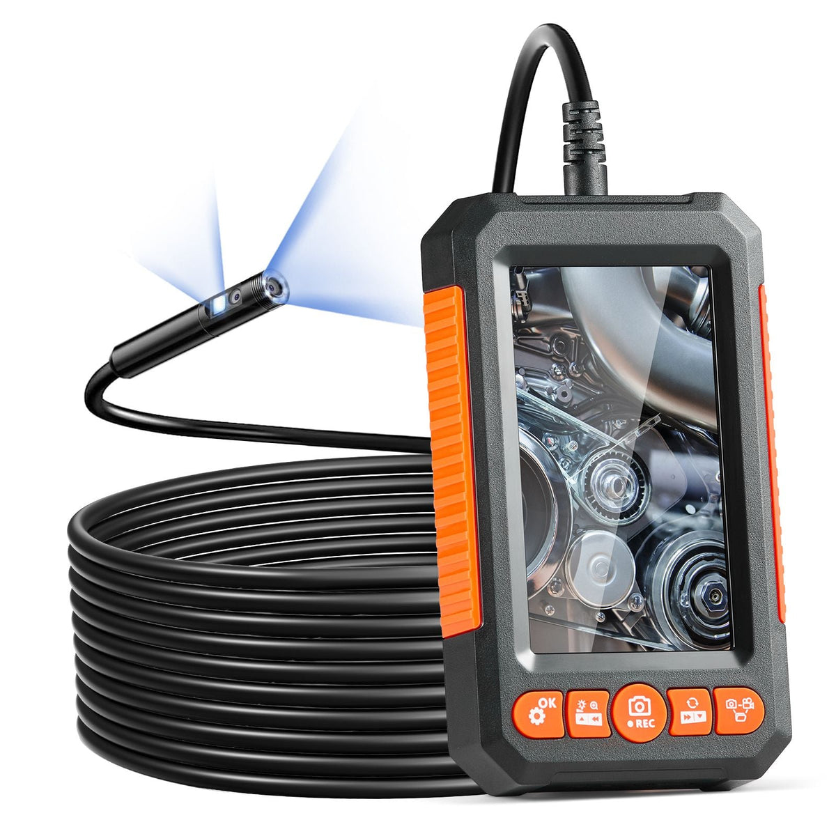 Endoscope Camera with Light, Dual Lens Industrial Borescope, 4.3" Screen 1080P Inspection Camera, 8 + 1 Lights, 4X Zoom, IP67 Waterproof Snake Camera for Auto, Plumbing (16.4FT Cable, 32GB Card)
