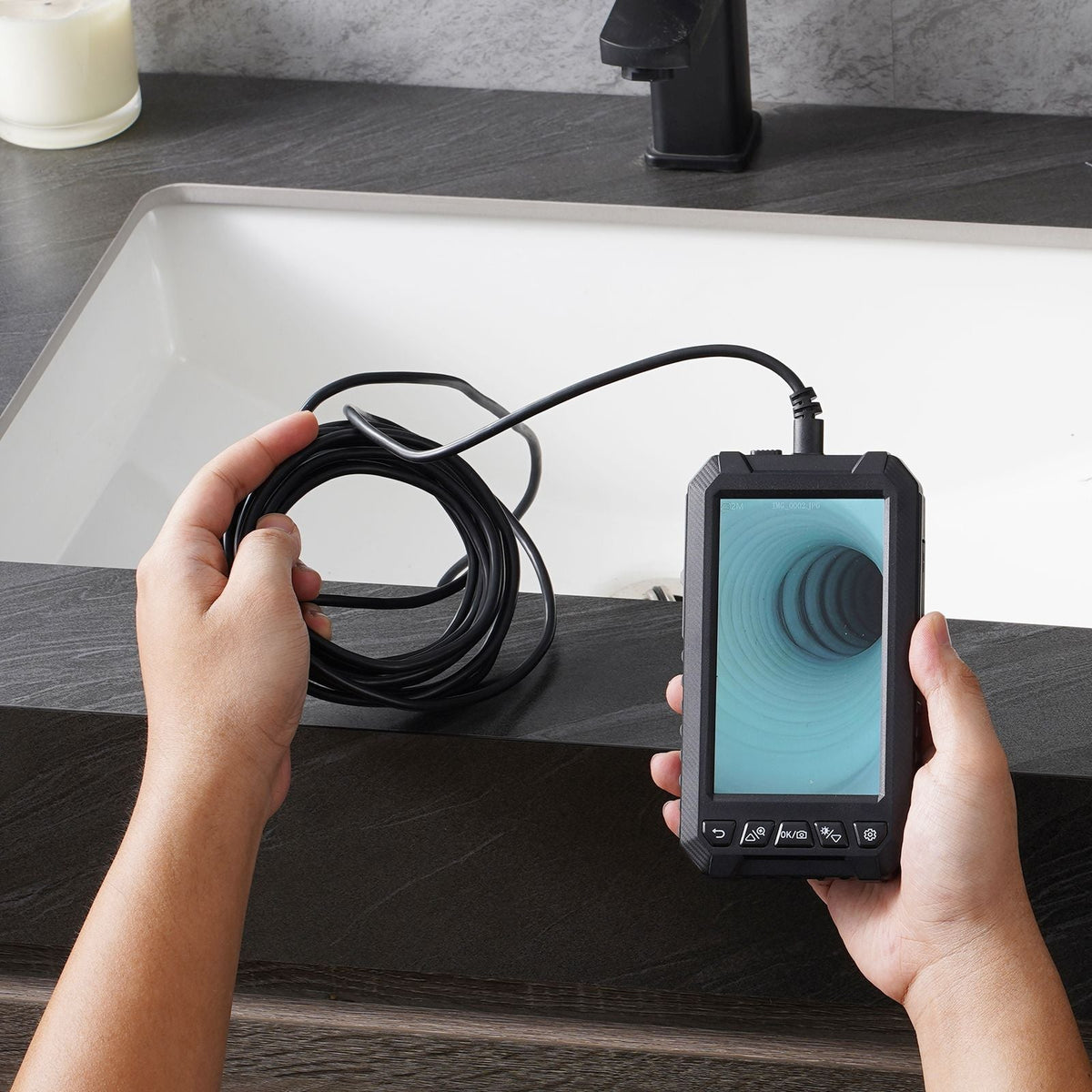 Endoscope Camera with Light, Triple Lens Borescope with 49.2FT Semi-Rigid Cable, 5" Screen 1080P Inspection Camera, 8 + 2 LED Lights, IP67 Waterproof Snake Camera for Auto, Plumbing (32GB Card)