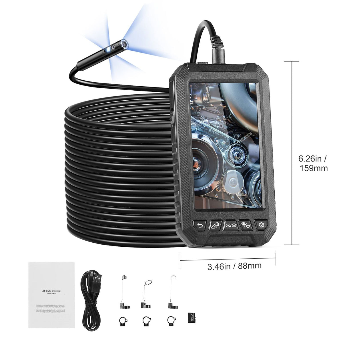 Endoscope Camera with Light, Triple Lens Borescope with 49.2FT Semi-Rigid Cable, 5" Screen 1080P Inspection Camera, 8 + 2 LED Lights, IP67 Waterproof Snake Camera for Auto, Plumbing (32GB Card)
