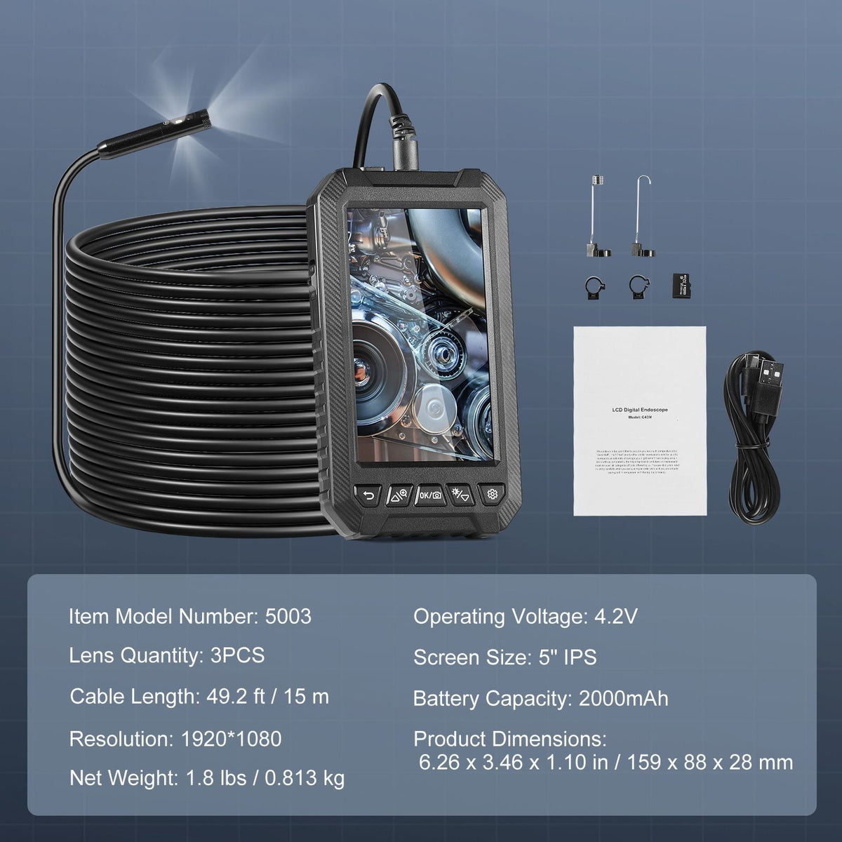 Endoscope Camera with Light, Triple Lens Borescope with 49.2FT Semi-Rigid Cable, 5" Screen 1080P Inspection Camera, 8 + 2 LED Lights, IP67 Waterproof Snake Camera for Auto, Plumbing (32GB Card)