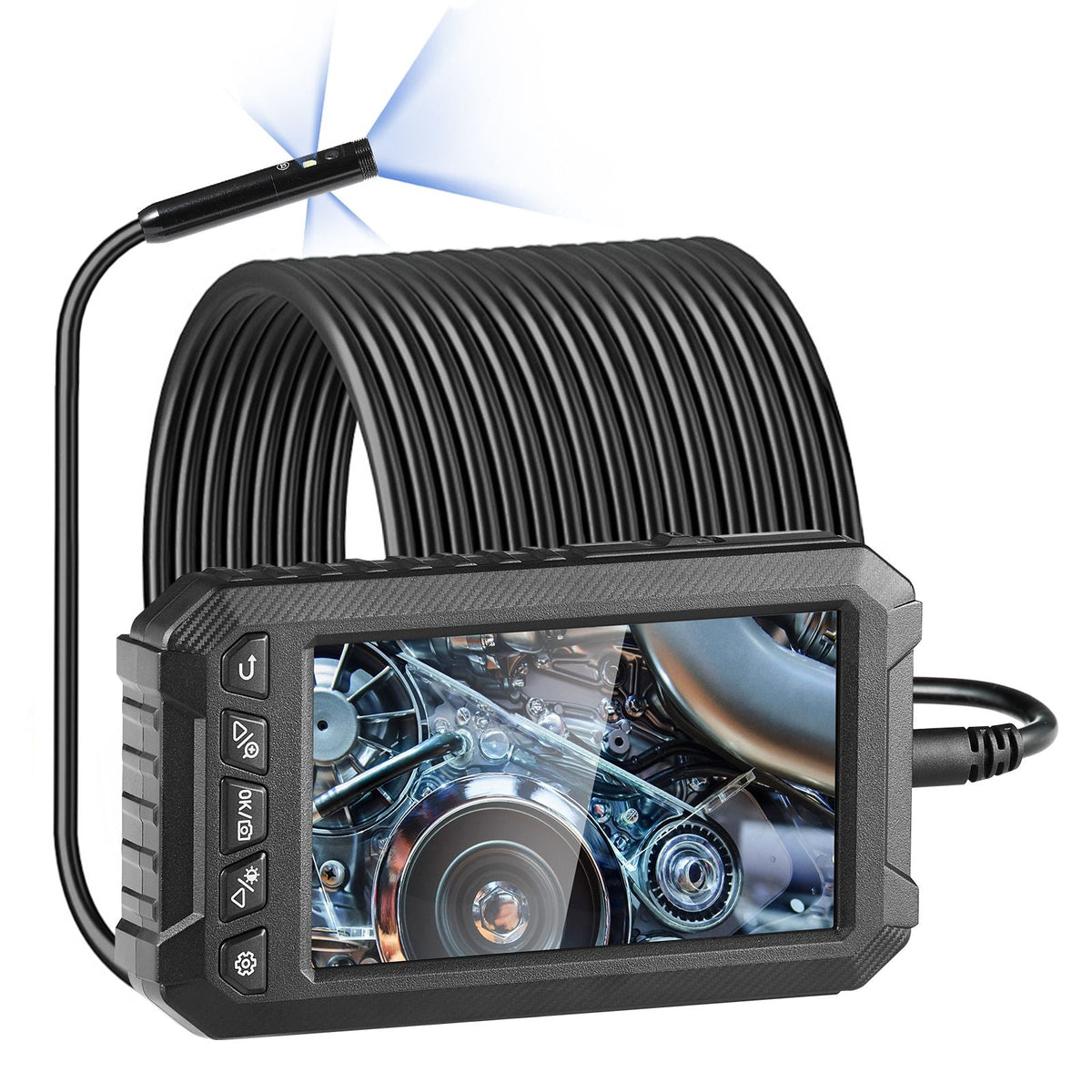 Endoscope Camera with Light, Triple Lens Borescope with 49.2FT Semi-Rigid Cable, 5" Screen 1080P Inspection Camera, 8 + 2 LED Lights, IP67 Waterproof Snake Camera for Auto, Plumbing (32GB Card)