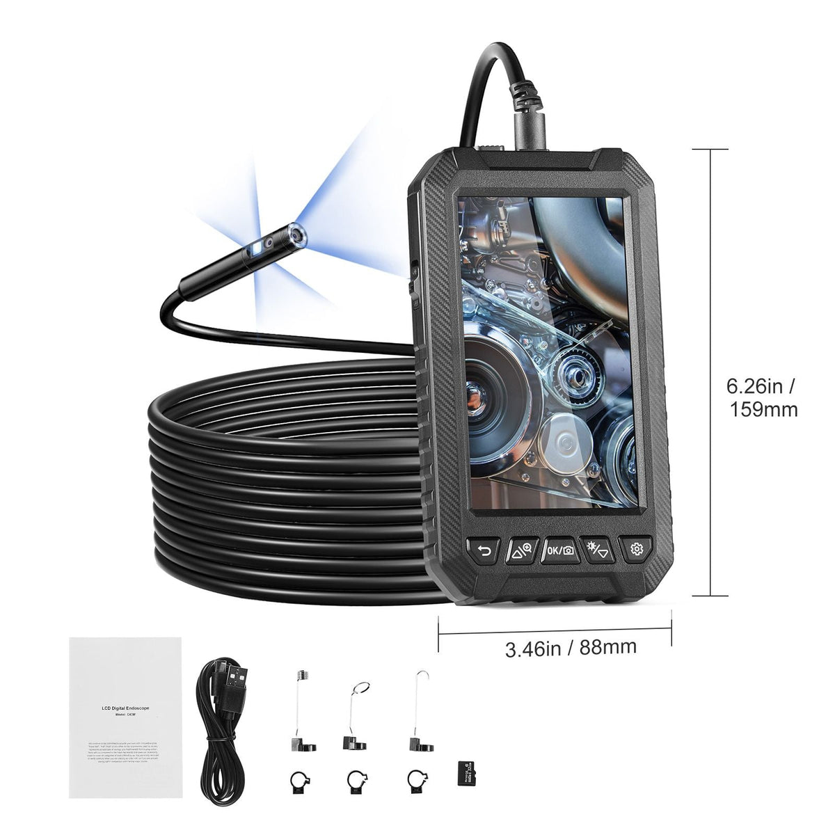 Endoscope Camera with Light, Triple Lens Industrial Borescope, 5" Screen 1080P Inspection Camera, 8 + 2 Lights, IP67 Waterproof Snake Camera for Automotive, Plumbing (16.4FT Cable, 32GB Card)