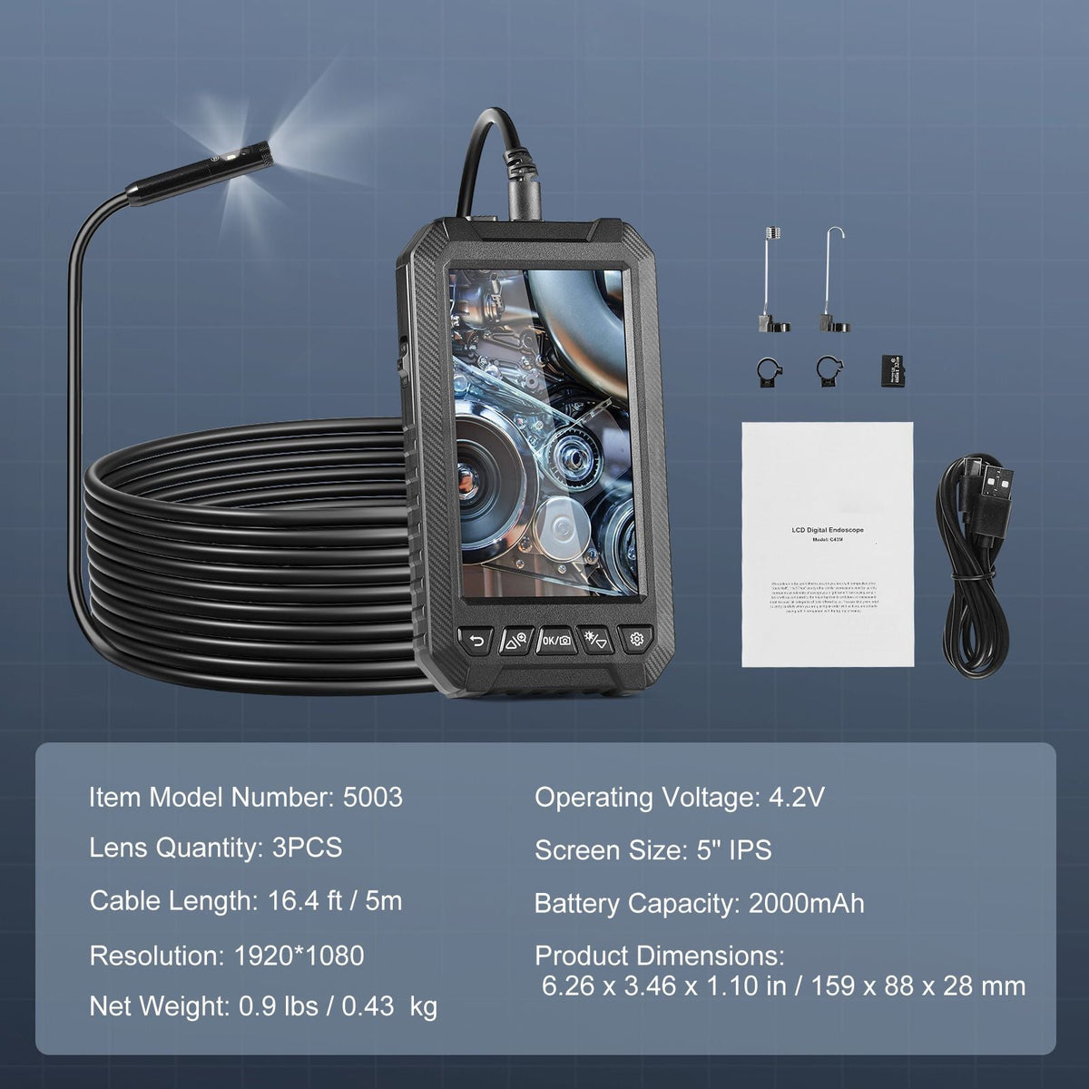 Endoscope Camera with Light, Triple Lens Industrial Borescope, 5" Screen 1080P Inspection Camera, 8 + 2 Lights, IP67 Waterproof Snake Camera for Automotive, Plumbing (16.4FT Cable, 32GB Card)