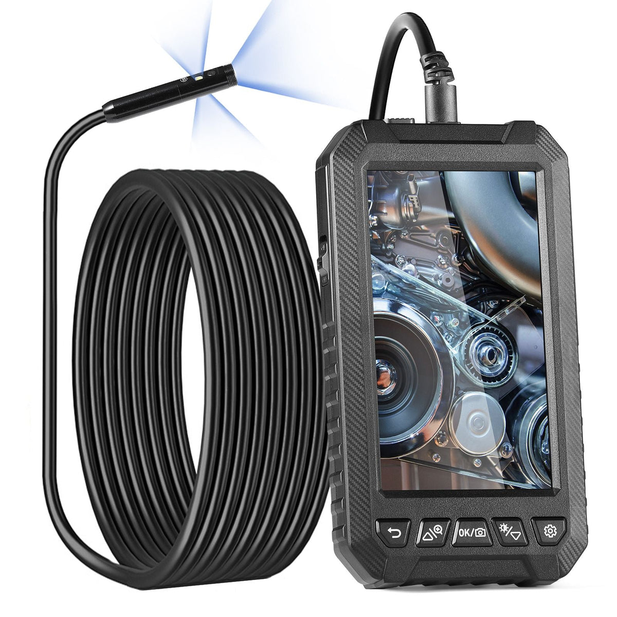 Endoscope Camera with Light, Triple Lens Industrial Borescope, 5" Screen 1080P Inspection Camera, 8 + 2 Lights, IP67 Waterproof Snake Camera for Automotive, Plumbing (16.4FT Cable, 32GB Card)