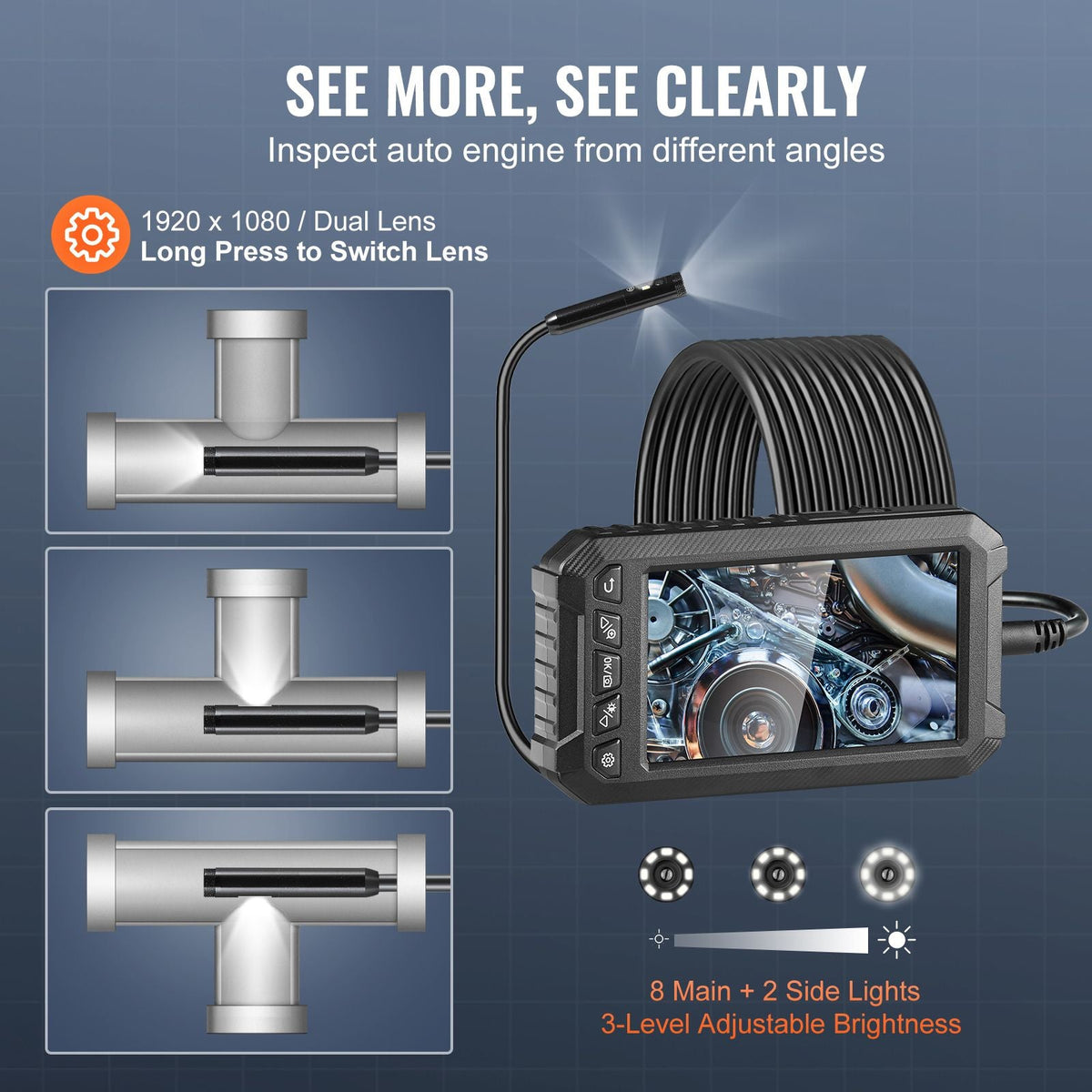 Endoscope Camera with Light, Triple Lens Industrial Borescope, 5" Screen 1080P Inspection Camera, 8 + 2 Lights, IP67 Waterproof Snake Camera for Automotive, Plumbing (16.4FT Cable, 32GB Card)