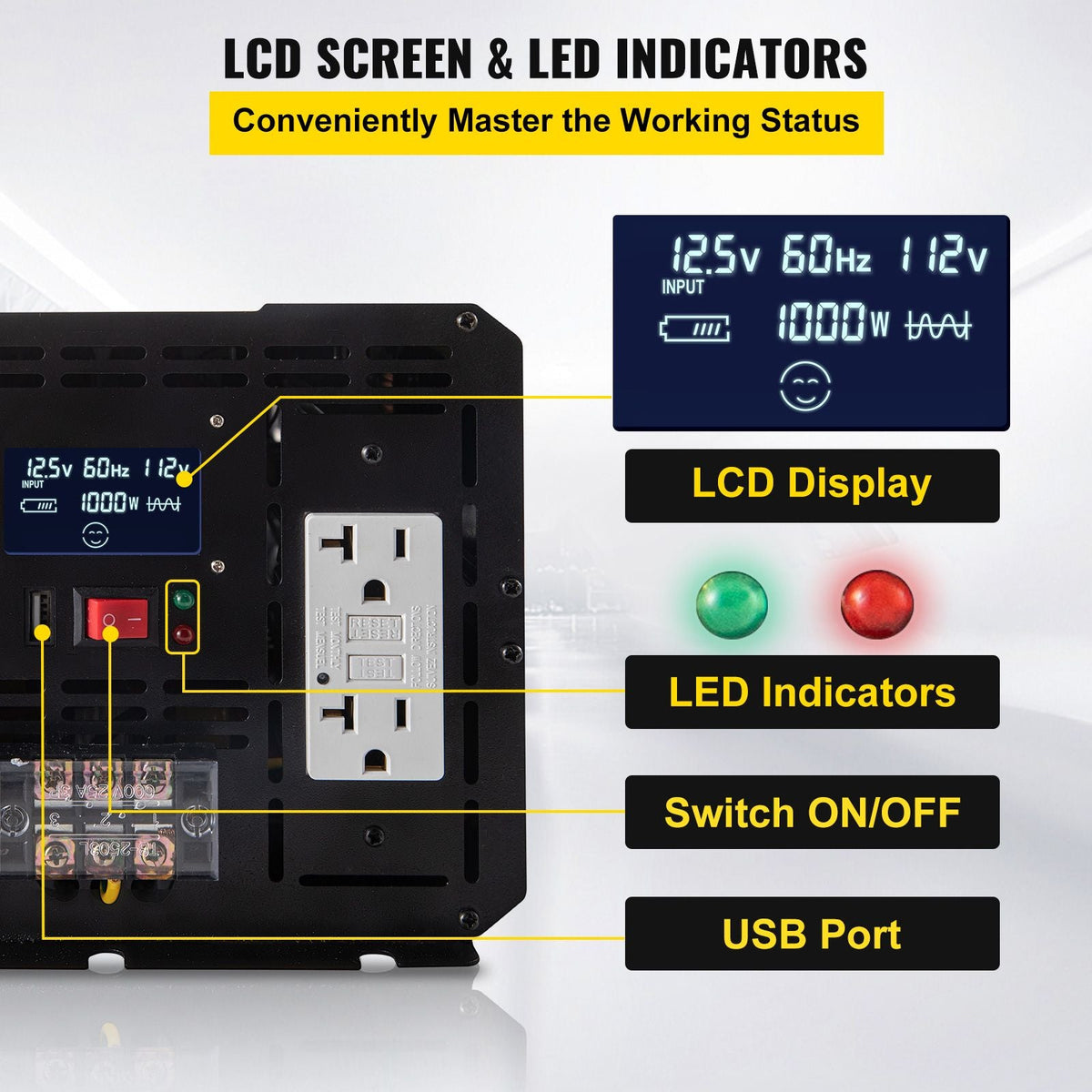 Energy Converter, 5000W Modified Wave Transformer, 12V DC to 110V AC Vehicle Adapter, featuring LCD Screen, Remote Control, LED Light, and GFCI Sockets for RVs, Trucks, Boats, and Outdoor Adv