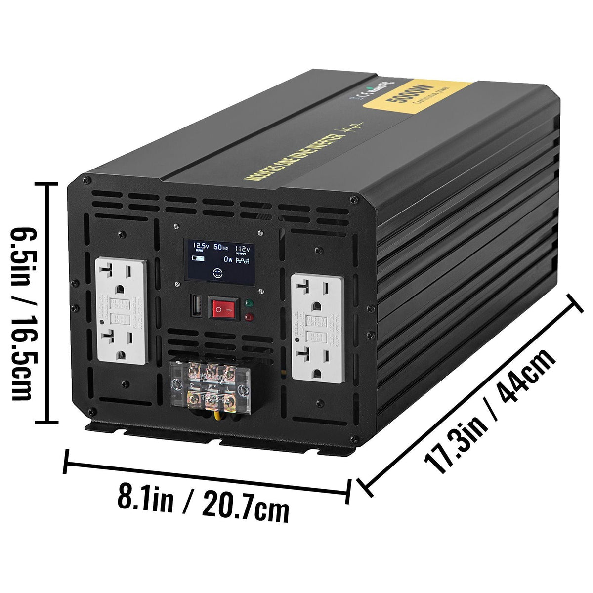 Energy Converter, 5000W Modified Wave Transformer, 12V DC to 110V AC Vehicle Adapter, featuring LCD Screen, Remote Control, LED Light, and GFCI Sockets for RVs, Trucks, Boats, and Outdoor Adv