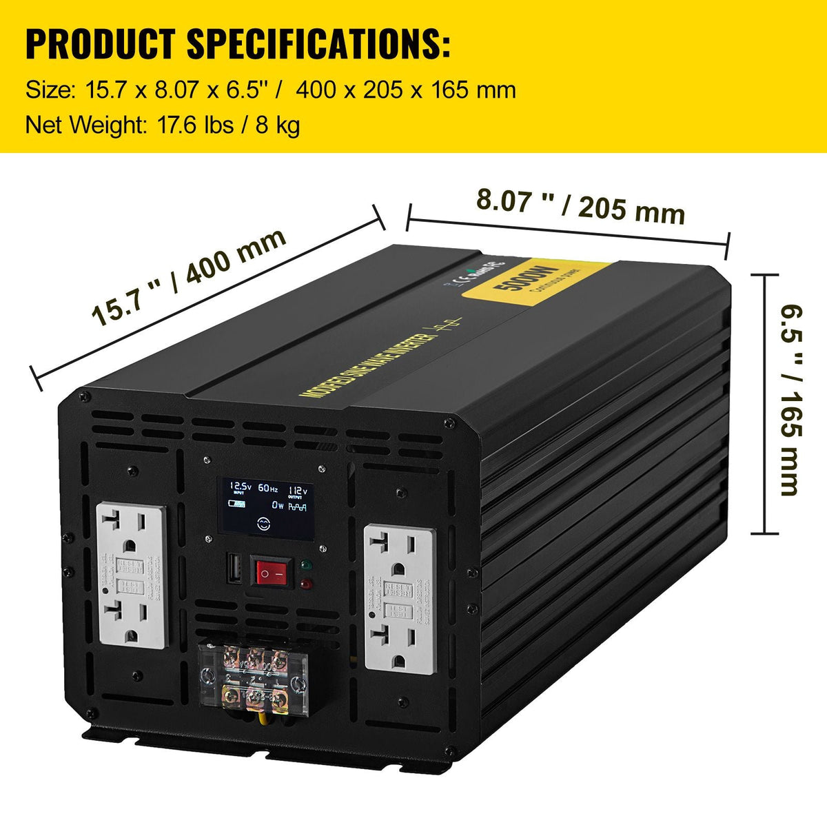 Energy Converter, 5000W Modified Wave Transformer, 12V DC to 110V AC Vehicle Adapter, featuring LCD Screen, Remote Control, LED Light, and GFCI Sockets for RVs, Trucks, Boats, and Outdoor Adv