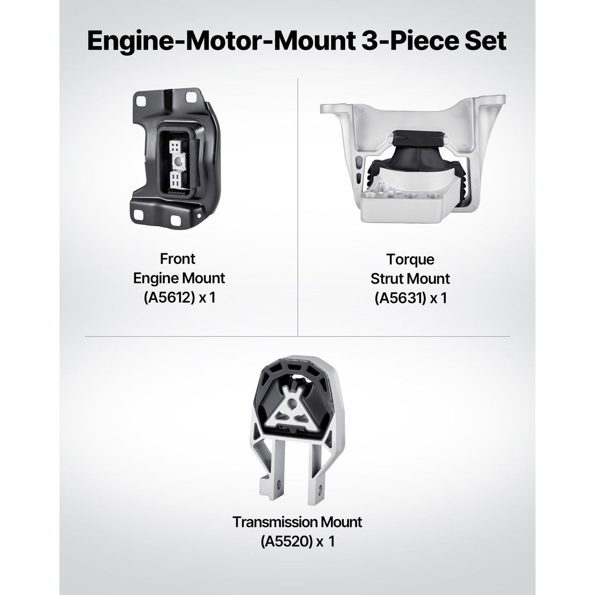 Engine and Transmission Motor Mount Kit Replacement, Set of 3, Compatible with 2013–2019 Ford Escape 2.0L L4, Replace OE# A5612, A5631, A5520, Secure Support