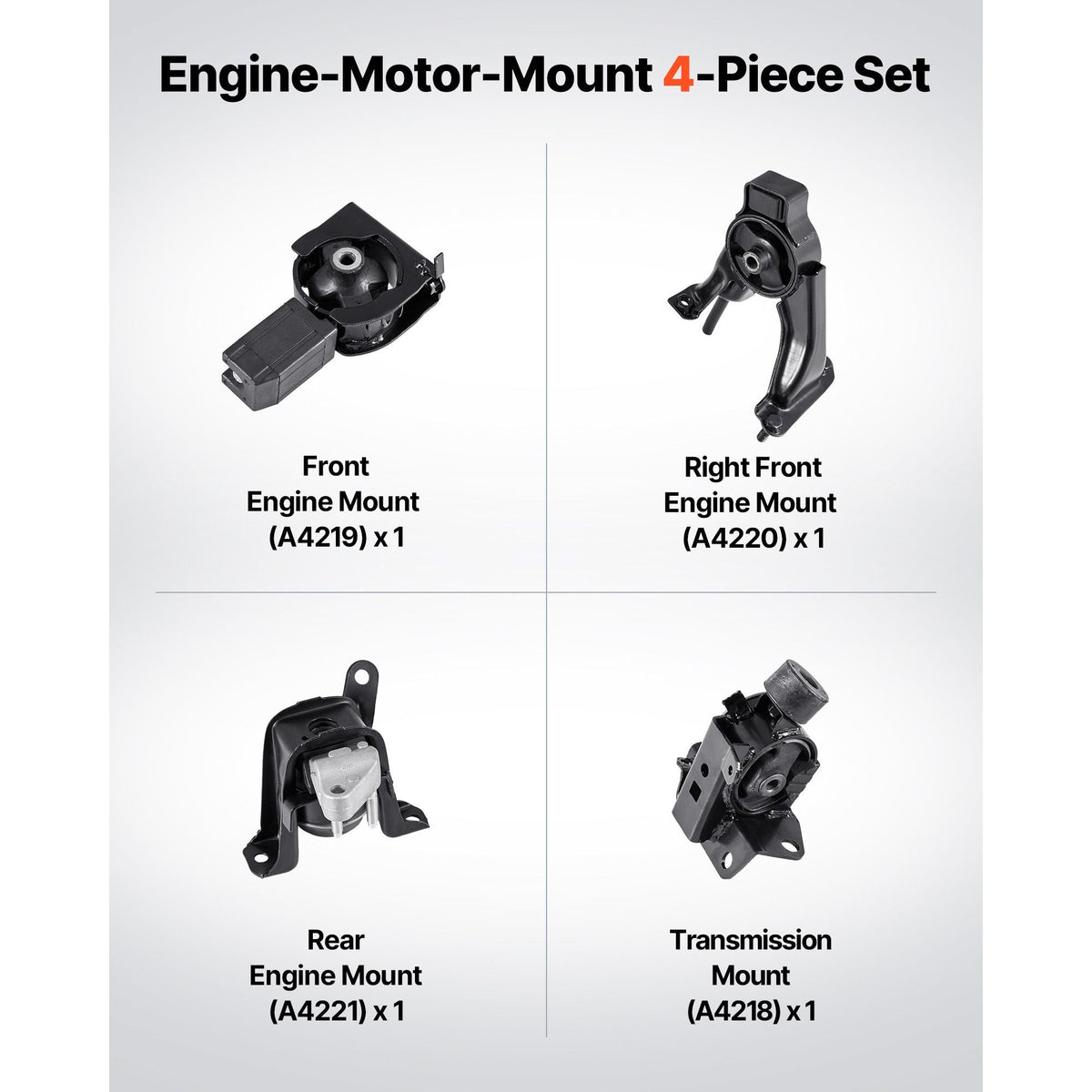 Engine and Transmission Motor Mount Kit Replacement, Set of 4, Compatible with 2003–2008 Toyota Corolla 1.8L L4, Replace OE# A4220, A4219, A4218, A4221, Secure Support
