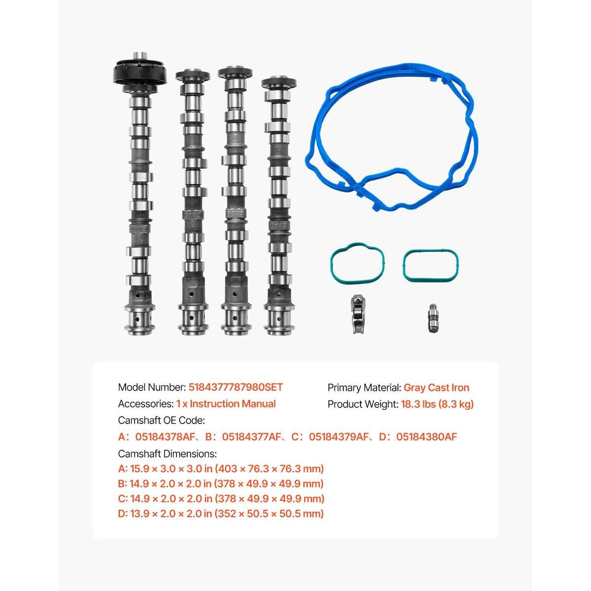 Engine Camshafts Rockers Arm Lifters Kit, Cam Replacement for 2011-2016 Jeep Cherokee/Wrangler/Grand Cherokee, 2011-2016 Dodge Caravan/Journey/Durango