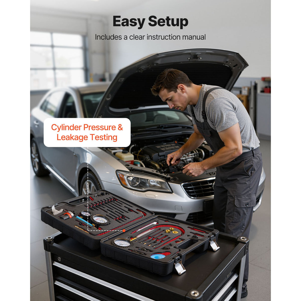 Engine Cylinder Compression Tester Kit, 0-700 PSI Pressure Gauge & 0-100 PSI Leak Gauge, Automotive Leak Down Tester Kit with 4 Adapters, Pressure Check & Leakage Rate Test on Cars, Motorcycles