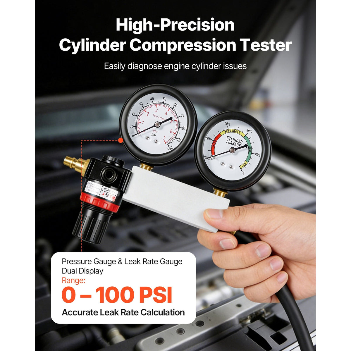 Engine Cylinder Compression Tester Kit, Pressure Gauge Range of 0-100 PSI, Automotive Leak Down Tester Kit with 4 Adapters, 2 Metal Tubes, Pressure Check & Leakage Rate Test on Cars, Motorcycles