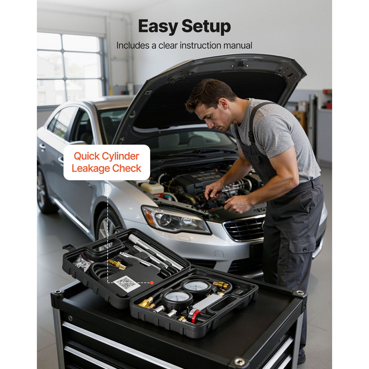 Engine Cylinder Compression Tester Kit, Pressure Gauge Range of 0-100 PSI, Automotive Leak Down Tester Kit with 4 Adapters, 2 Metal Tubes, Pressure Check & Leakage Rate Test on Cars, Motorcycles