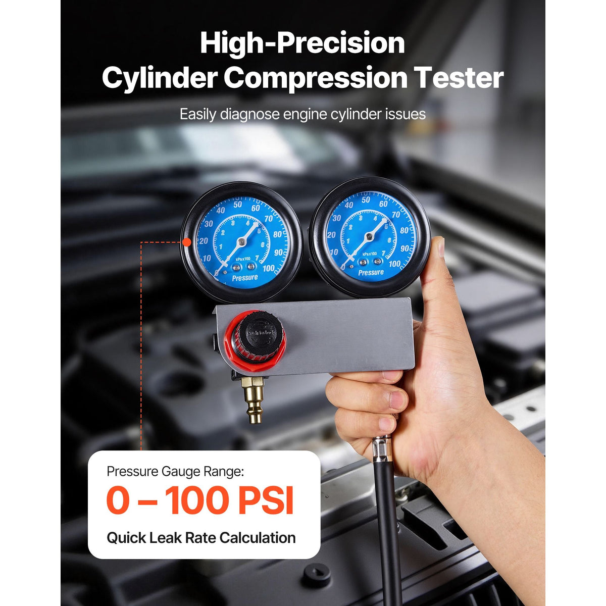 Engine Cylinder Compression Tester Kit, Pressure Gauge Range of 0-100 PSI, Automotive Leak Down Tester Kit with 4 Adapters & Air Fittings, Pressure Check & Leakage Rate Test on Cars, Motorcycles