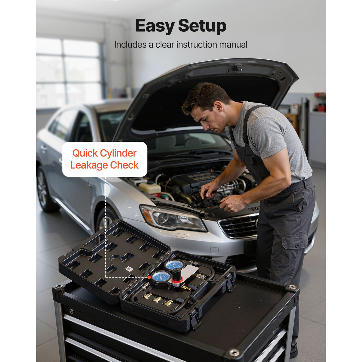 Engine Cylinder Compression Tester Kit, Pressure Gauge Range of 0-100 PSI, Automotive Leak Down Tester Kit with 4 Adapters & Air Fittings, Pressure Check & Leakage Rate Test on Cars, Motorcycles