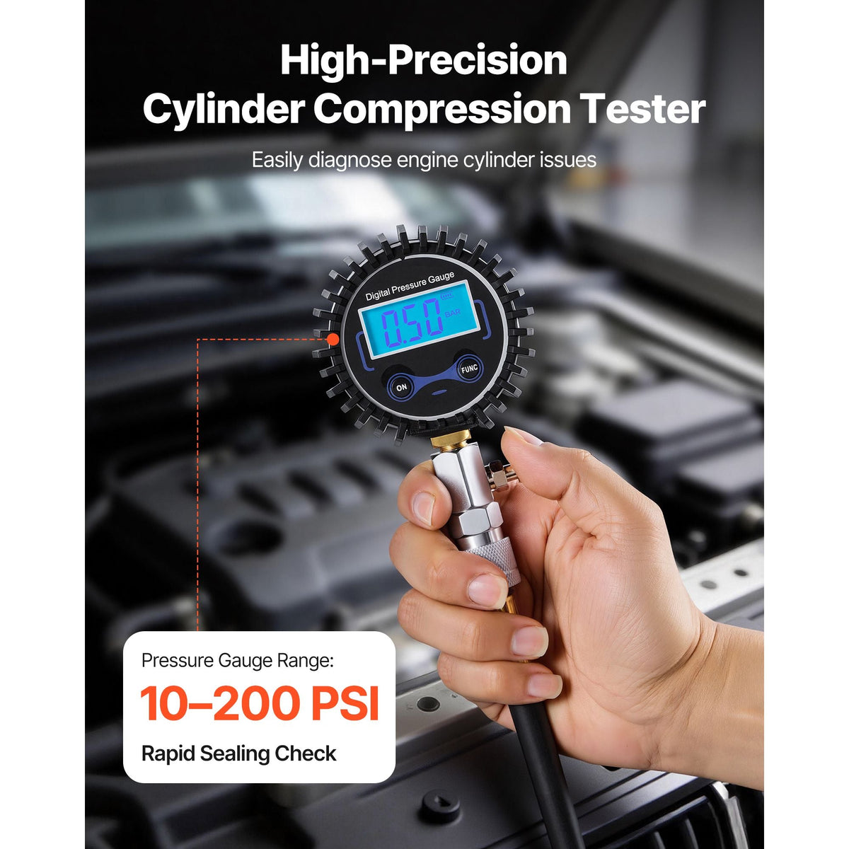 Engine Cylinder Compression Tester Kit, Pressure Gauge Range of 10-200 PSI, Compression Tester Kit with 4 Adapters, Straight & Angled Extended Metal Tubes for Automotive Cars and Motorcycles